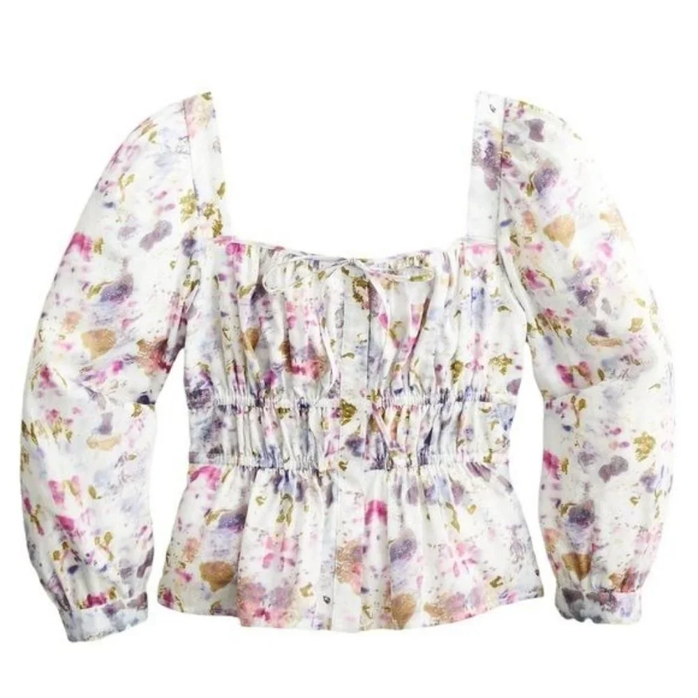 J. Crew x Flora Obscura Blouse Cinched-waist Top in Kaleidoscope Floral NWT